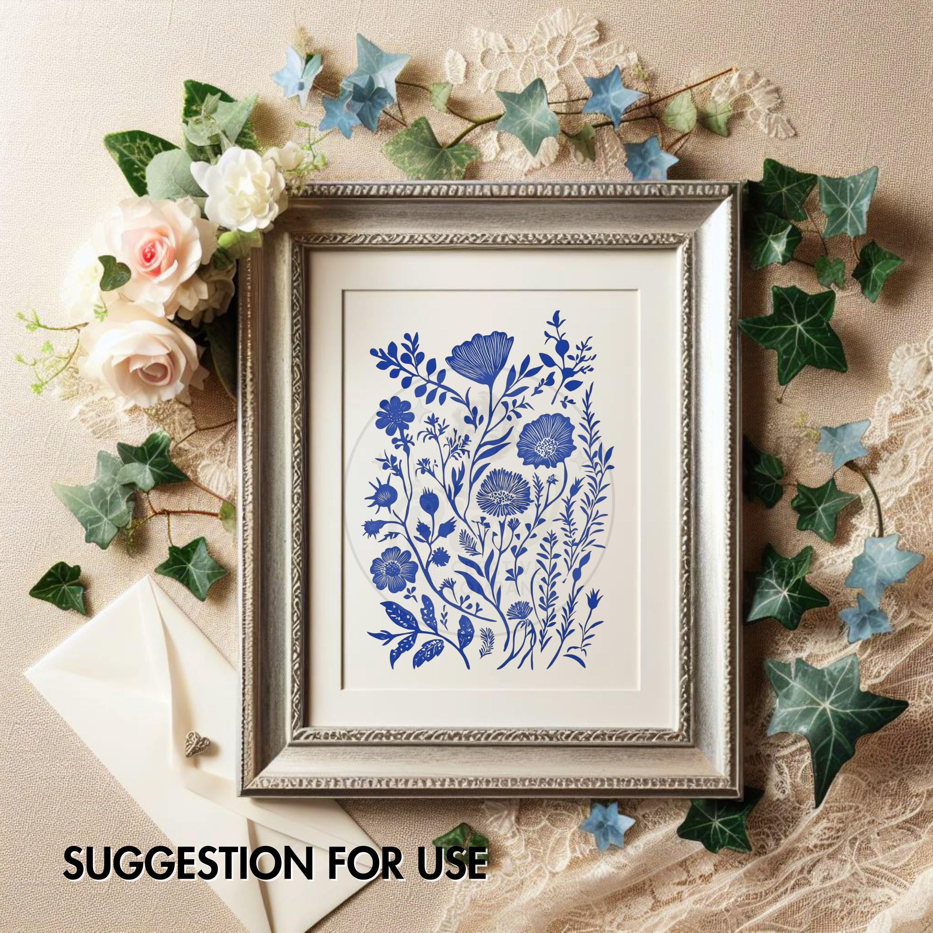 Floral Linocut Blue PNG JPG Translucent File, POD Sellers Clipart ...