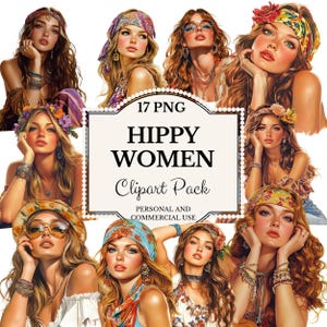 Grafica clipart retrò vintage di donne hippy / PNG di donne hippy anni '70 / Illustrazioni di donne hippy chic anni '70 / Grafica vintage di donne anni '70
