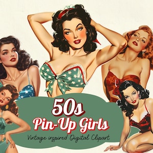 Retro Vintage Women graphics Pin Up Girls Watercolor Clipart, 1950s women and girls, 1940s women and girls, Retro Women clipart graphics