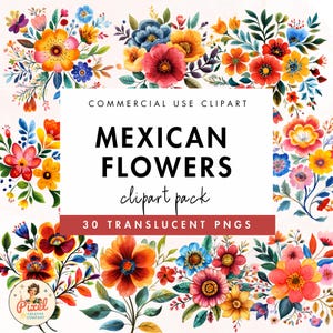 Mexican Watercolor Flower Clipart: Vibrant Floral PNG Graphics (Commercial Use OKAY