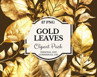Gold Leaf Clipart: 37 PNG Illustrations for Scrapbooking (Digital Download)