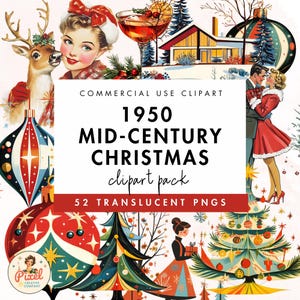 Clipart de Noël moderne du milieu du siècle des années 50, clipart rétro des années 50, usage commercial, illustrations de Noël, Noël de style rétro vintage