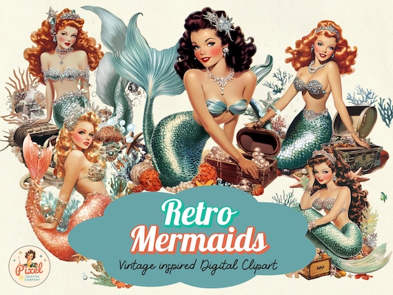 Retro 50s Mermaids Clipart: Vintage Scrapbook Graphics (Commercial Use) (Digital Download) 1950s Retro Mermaid