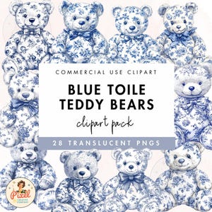 Clipart chambre d'enfant bébé ours en peluche bleu toile | Toile de Jouy | Ours en peluche PNG | Chinoiseries PNG | Clipart baby shower | Bleu fleuri pour chambre de bébé |