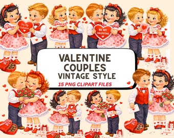 May include: A digital illustration featuring vintage-style Valentine's Day couples. The image shows multiple pairs of children in red and pink outfits, holding hearts, flowers, and gifts. Text on the image reads "VALENTINE COUPLES VINTAGE STYLE 15 PNG CLIPART FILES."
