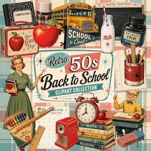 Könnte beinhalten: Eine Retro 50er Jahre Schulanfang Clipart-Sammlung mit einem gelben Schulbus, einer Lehrkraft, einem Schüler, einem roten Apfel, einer Milchflasche, Tinte, Büchern, einem Spitzer, Buntstiften, einem Lineal und einem Wecker auf Karomuster.