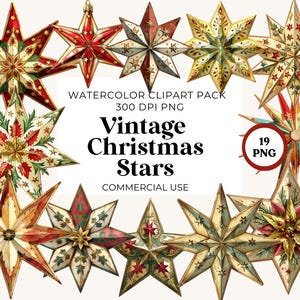 clipart étoiles de Noël vintage, clipart Starts vintage, graphiques étoiles de Noël, illustrations de cartes de Noël, usage commercial