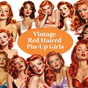 Vintage Red Haired Pin Up Girls Clipart Graphic illustrations | Perfect for Scrapbooking, wall art, stationery | Retro Women Clipart PNG