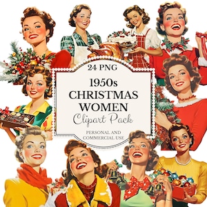 Utilisation commerciale de PNG pour les femmes au foyer de Noël rétro des années 1950 pour le scrapbooking, la journalisation des ornements de vacances