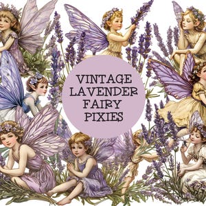 Retro Vintage-Inspired Lavender Fairy Elves Clipart, Purple Fairies, Purple Elf PNG, Commercial use, fantasy graphics, Lavender clip art