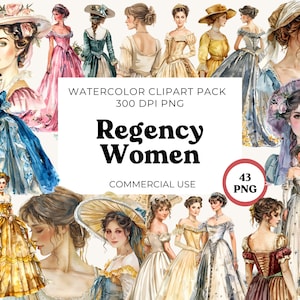 Op de afbeelding: Waterverf clipart-pakket met 43 Regency-vrouwen in verschillende poses en jurken. De vrouwen dragen uitgebreide jurken, hoeden en kapsels. De kunstwerken zijn in vintage stijl en perfect voor digitaal scrapbooken, kaart maken en andere creatieve projecten.