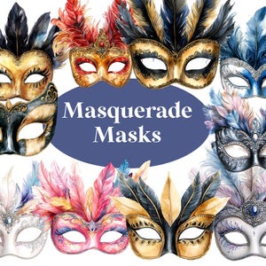Maskerade Masken Karneval Masken Clipart Grafik Illustrationen Mardi Gras Masken Grafiken ideal für Einladungen und Grußkarten
