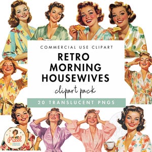 1950s Housewife Watercolor Clipart: Retro Women PNG (Commercial Use)
