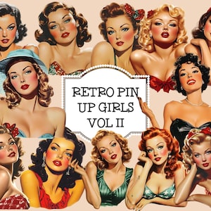 Retro Vintage Women graphics Pin Up Girls Watercolor Clipart, 1950s women and girls, 1940s women and girls, Retro Women clipart graphics