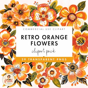 Orange Flowers Retro Vintage Style Clipart | 1970s Retro Floral Designs | Floral Clip Art | Commercial Use | Vintage Florals | Flower PNG