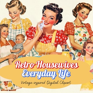 1950s Housewives Clipart: Retro Watercolor PNGs (Digital Download, Commercial Use