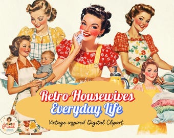 1950s Housewives Clipart: Retro Watercolor PNGs (Digital Download, Commercial Use