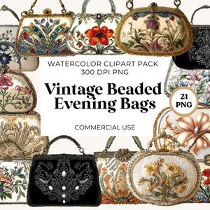 Imágenes prediseñadas de bolsos de noche con cuentas vintage, gráficos prediseñadas de bolsos de mujer retro, uso comercial, bolsos vintage