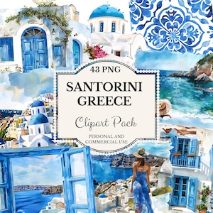 Santorini, Grecia Acquerello Clipart / Vacanze estive / Blu e bianco / Uso commerciale / Clipart estate greca / Donna in vacanza