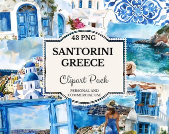 Santorini Greece Watercolor Clipart: Summer Vacation (PNG Files)