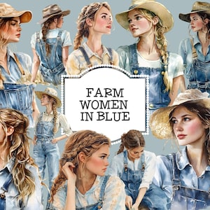 Filles de la ferme en bleu clipart vintage rétro, femme en salopette bleue PNG, ferme femme en salopette bleue, femme travaillant à la ferme, usage commercial