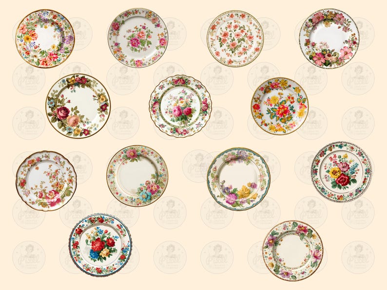 Pode incluir: Uma cole&ccedil;&atilde;o de doze pratos decorativos de porcelana. Cada prato apresenta um design floral com v&aacute;rias cores, incluindo rosa, vermelho, amarelo e azul. Os pratos t&ecirc;m bordas douradas ou azuis e est&atilde;o dispostos sobre um fundo creme.