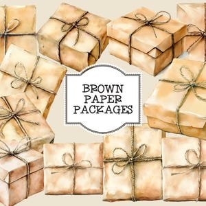 Paquetes y encomiendas de papel marrón, imágenes prediseñadas, paquetes de correo, paquetes para envío, uso comercial, caja de regalo marrón, paquete vintage