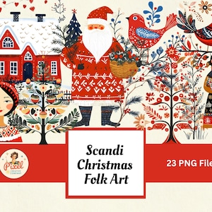 May include: A festive illustration featuring a red house with a snow-covered roof, Santa Claus, birds, and a woman in traditional clothing. The image has a folk art style with the text "Scandi Christmas Folk Art" and "23 PNG Files".