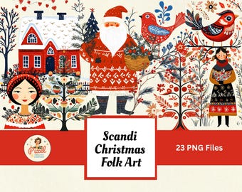 May include: A festive illustration featuring a red house with a snow-covered roof, Santa Claus, birds, and a woman in traditional clothing. The image has a folk art style with the text "Scandi Christmas Folk Art" and "23 PNG Files".