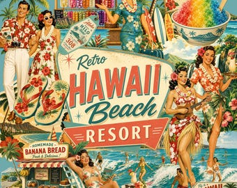 Hawaiian Beach Resort Retro 50s Clipart PNG images, Vintage 1950s Travel, commercial use, Junk Journals, Scrapbook images
