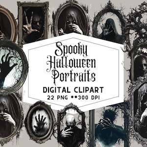 Puede incluir: Una colección de imágenes prediseñadas digitales con retratos espeluznantes de Halloween en marcos ornamentados. Las imágenes incluyen figuras espectrales, manos extendidas y rostros esqueléticos, todo en un estilo gótico oscuro. El texto dice "Spooky Halloween Portraits".
