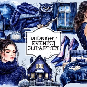 Zestaw clipartów Midnight Blue Evening, Deep Blue, Midnight Blue, Kobiety w Midnight Blue, Junk Journals, Scrapbooking, Rękodzieło papierowe, Artykuły artystyczne