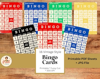 Puede incluir: Un conjunto de 16 tarjetas de Bingo de estilo vintage en varios colores, incluyendo rojo, azul, verde y amarillo. Cada tarjeta presenta una cuadrícula de números. La imagen también incluye un letrero que dice "Bingo Cards".