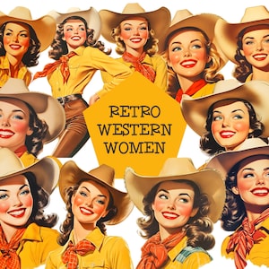 Retro Western Women Clipart, Cowgirl Vintage-Inspired Clip Art Graphics, Uso Comercial, Retro Cowgirl PNG, Retro Western Woman PNG