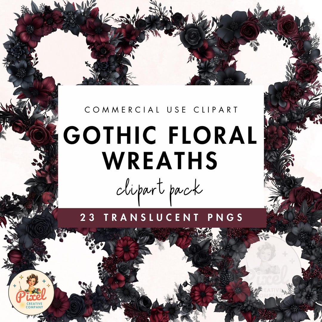 Gothic Floral Wreath Clipart: Black and Red Flowers (commercial Use ...