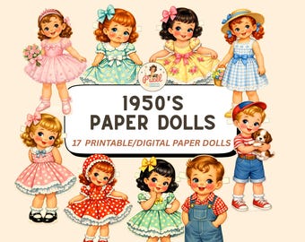 May include: A collection of vintage-style paper dolls from the 1950s, featuring children in colorful dresses and outfits. The image includes the text "1950's Paper Dolls" and "17 Printable/Digital Paper Dolls."