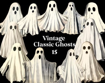 Vintage Halloween Ghost Clipart: Retro Spooky Graphics (Digital Download)