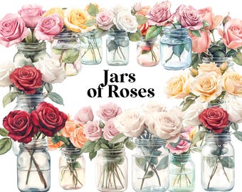 Watercolor Roses Clipart: Flowers in Jars (Commercial Use) (Digital Download)