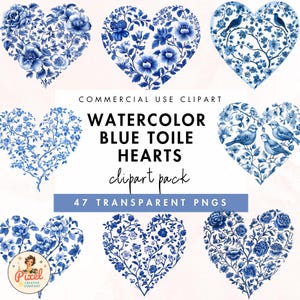 Blue Toile Chinoiserie Hearts Coquette Clipart, Blue Patterned Valentine Heart, Heart PNG, Blue and White Pattern Heart, Commercial Use