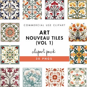 Jugendstil Fliesen Clipart Illustration Grafiken | Kunsthandwerk | Perfekt für Grußkarten, Scrapbooks, Junk Journals, Wandkunst