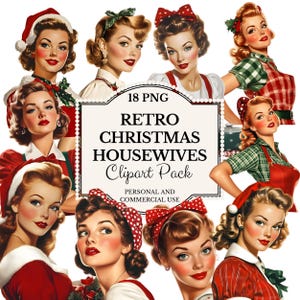 Retro Christmas Housewife Clipart: Vintage Holiday Graphics (PNG, Commercial Use)