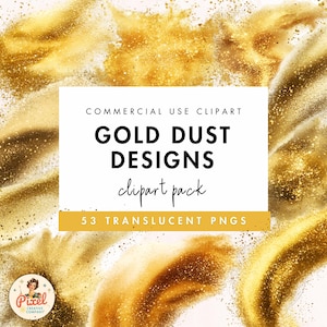 May include: Commercial use clipart pack of 53 gold dust designs. The image shows a white background with a golden glitter effect.