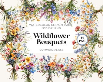 Imágenes prediseñadas de ramo de flores silvestres en acuarela: Gráficos florales (uso comercial)