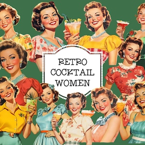 Clipart di donne cocktail retrò, donne vintage con cocktail, donna con cocktail, PNG di donna retrò, PNG di donna vintage, Clipart di cocktail