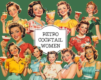 May include: A collection of vintage illustrations depicting women holding cocktails. The women are dressed in retro clothing, set against a green backdrop. The text "Retro Cocktail Women" is in a white frame.