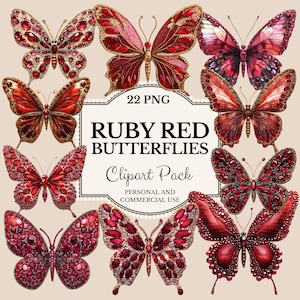 Ruby Red Butterflies Clipart Graphic Illustrations | Red Butterfly of Rubies | Junk Journals | Scrapbooks | Paper Crafts Craft Hobby Clipart