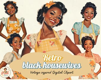 Op de afbeelding: Digitale clipart met retro-illustraties van zwarte vrouwen in schorten. De vrouwen lachen, met vintage kapsels en make-up. De schorten hebben bloemen- en ruitpatronen. Tekst luidt "Retro black housewives" en "Vintage inspired Digital Clipart".