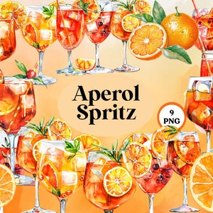 Aperol Spritz aquarelle numérique Clip Art Set - graphiques de cocktails d'été, illustrations de boissons, cliparts téléchargeables pour les designers et les créateurs