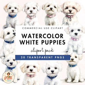 Witte puppyhond clipart | Schattige hondenafbeeldingen, afdrukbare kunst, hondenillustraties, commercieel gebruik, witte puppy's
