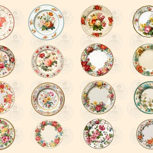 Pode incluir: Uma cole&ccedil;&atilde;o de pratos decorativos em estilo vintage com desenhos florais. Cada prato apresenta um arranjo &uacute;nico de rosas, pe&oacute;nias e outras flores em v&aacute;rias cores, com bordas e bordas detalhadas.